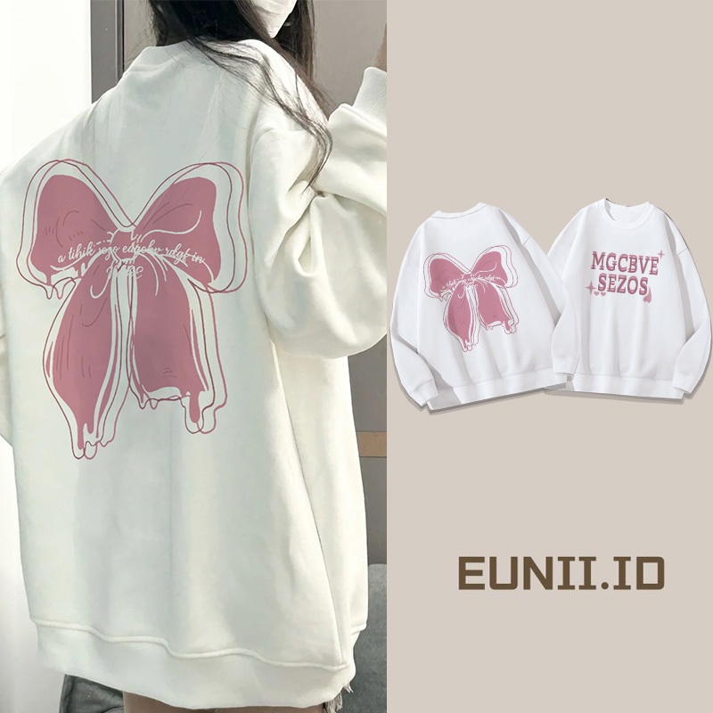 EUNII Sweater putih big bow Sweater Lengan panjang Model Versi Korea/Pakaian Wanita/Sweater Wanita