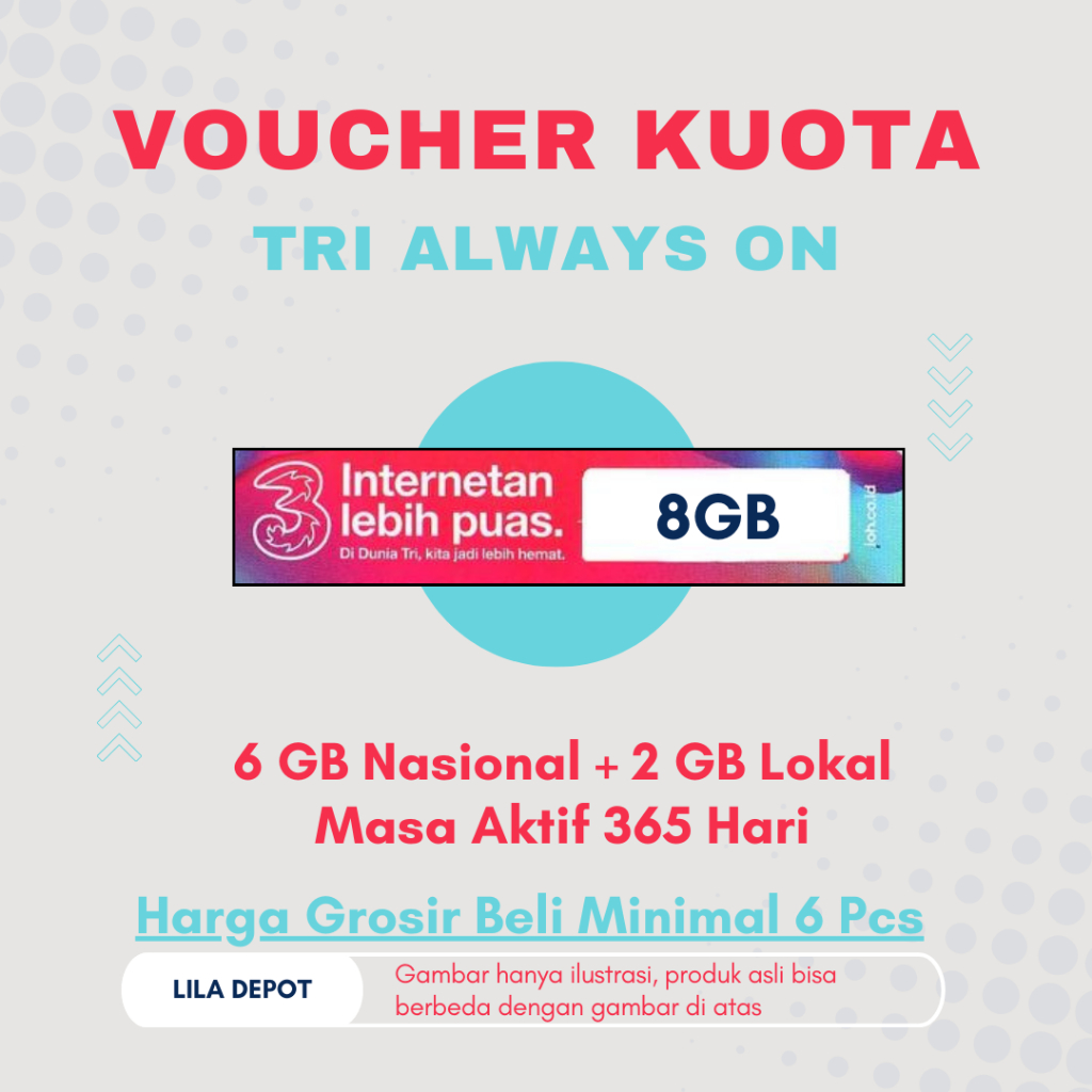 Voucher Data Fisik Tri/Three/3 AON Kuota Nasional 6 GB + Kuota Lokal 2 GB; Masa Aktif 365 Hari: Harg