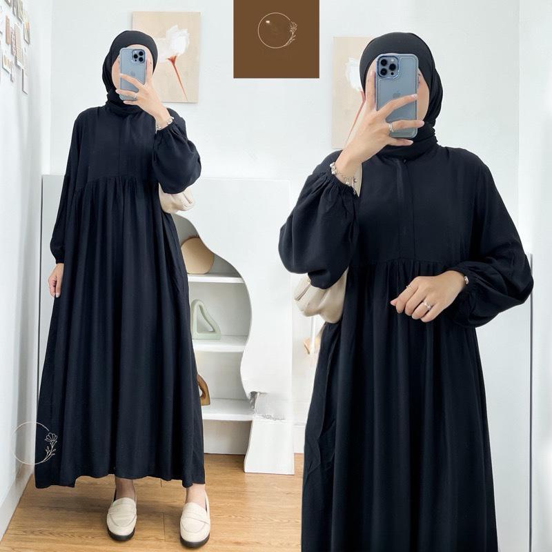 Gamis Midi Dress Lebaran 2024 Polos Lengan Balon Rayon Twill Premium Ori Tebal Syafa