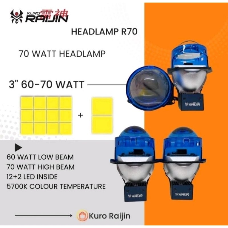 KURO RAIJIN R70 HEADLAMP PROJECTOR BILED 3 INCH