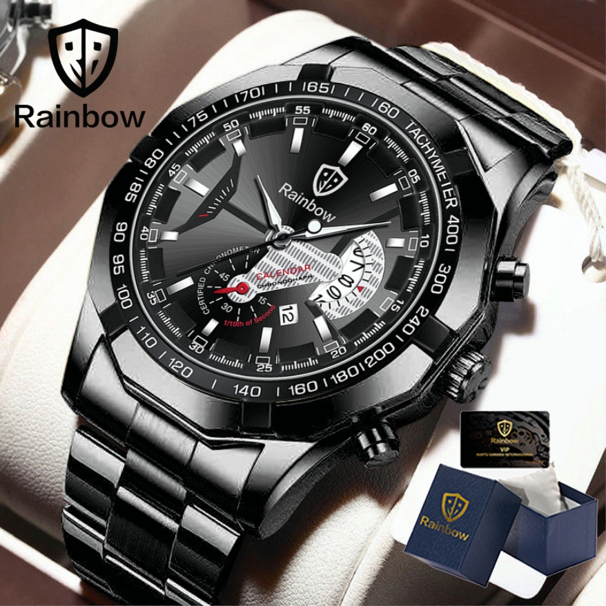 Rainbow COD Asli Jam Tangan Pria Tahan Air Anti Gores Mewah Stainless Steel Watch (Free Box + Card)-Hitam+BOX+VIP Kartu