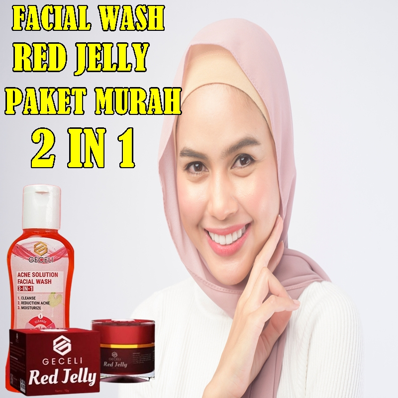 PAKET SABUN GECELI DAN CREAM GECELI RED JELLY SABUN WAJAH GECELI ACNE SOLUTION FACIAL WASH 3-IN-1