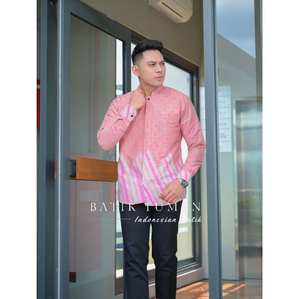 RAYYAN Slimfit Mocca Pink Baju Koko Batik Muslim Dewasa Lengan Panjang Warna Soft Pastel Bahan Katun