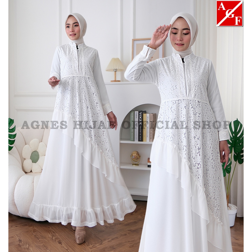 Agnes Hijab - Achasa Dress Baju Gamis Wanita Brukat Syari Putih Lebaran Umroh Haji Busana Muslim Wan