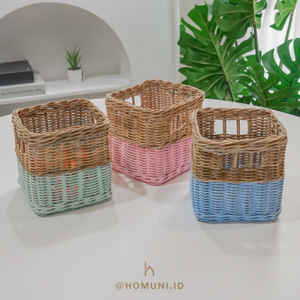 Keranjang Anyaman Rotan Colorful Mini/Tempat Pensil Tanaman Bunga/Dekorasi Foto Prop