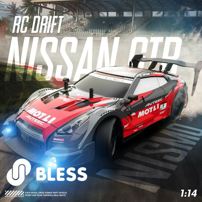 (TERDAPAT LAMPU) RC Drift 4WD Proportional Nissan GTR Nismo 1:14 - RC Drift 1/14 2.4GHz Warna HITAM,