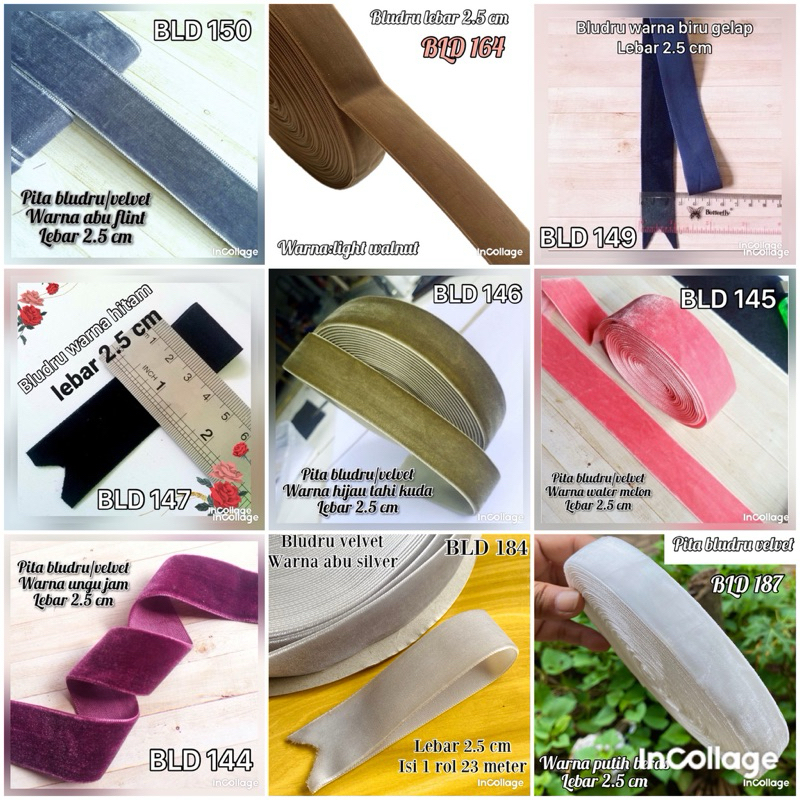 

per rol 15 meter pita bludru/velvet warna lebar 2.5 cm