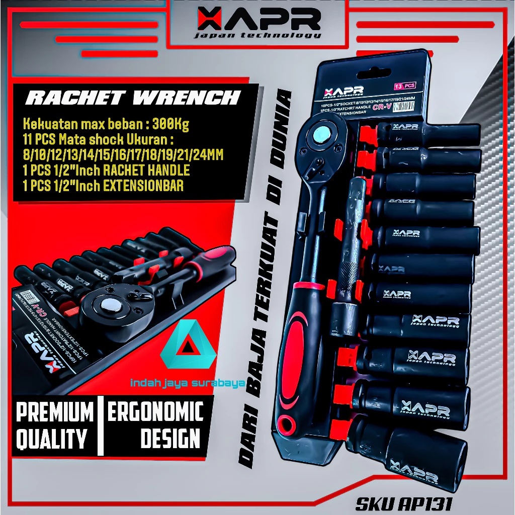 PROMO APR JAPAN Rachet sock 1/2inch deep impact 8mm-24mm AP131 panjang doff titanium sok set berkual