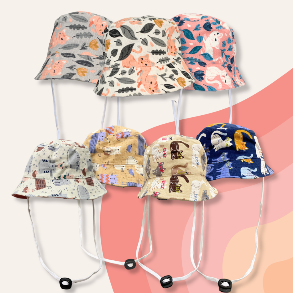 Bucket Hat Anak Balita Usia 6 Bulan - 7 Tahun Motif Lucu Kucing Daun Bahan Kanvas Premium Pake Tali