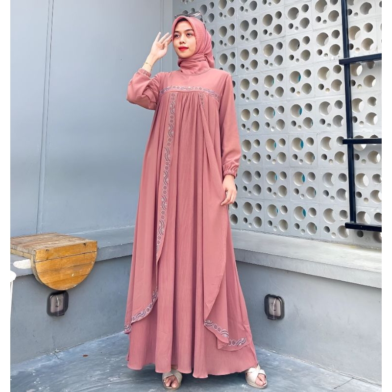 Seragaman Lebaran Mewah Gamis Prisket Outer Plisket Kombinasi Payet Cantik Premium Ceruty Babydoll F