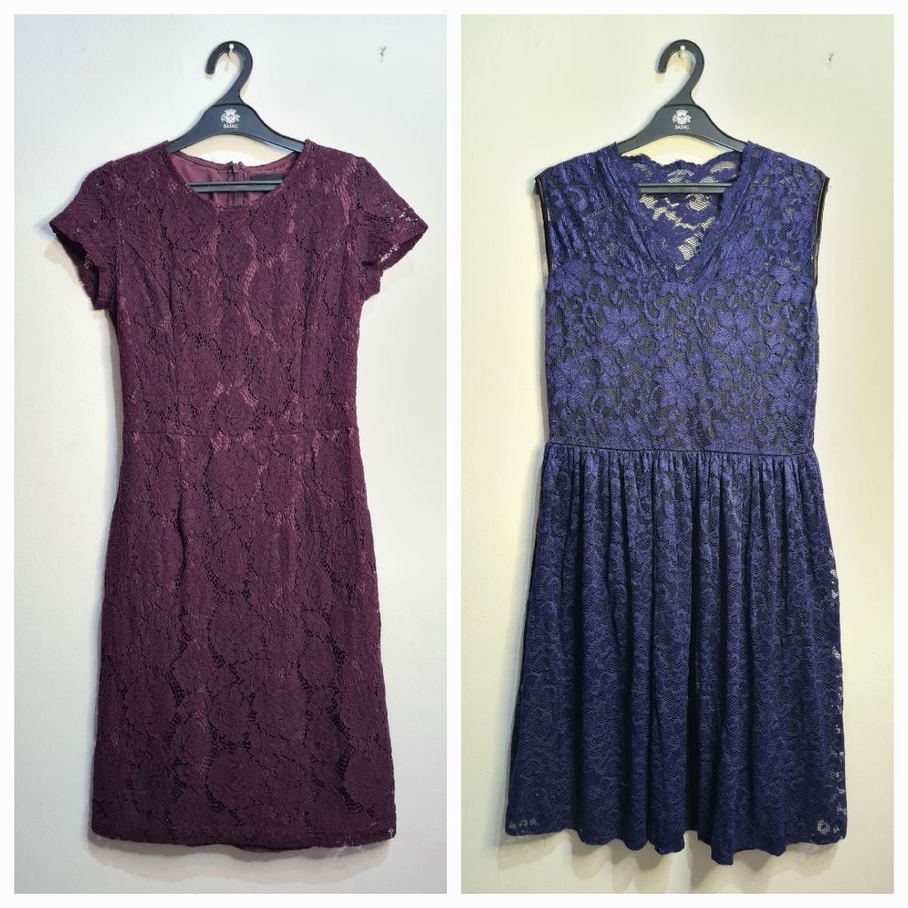 The Executive Purple Wine Dark Blue Lace Midi Dress Gaun Brokat Ungu Biru Medium Pakaian Wanita