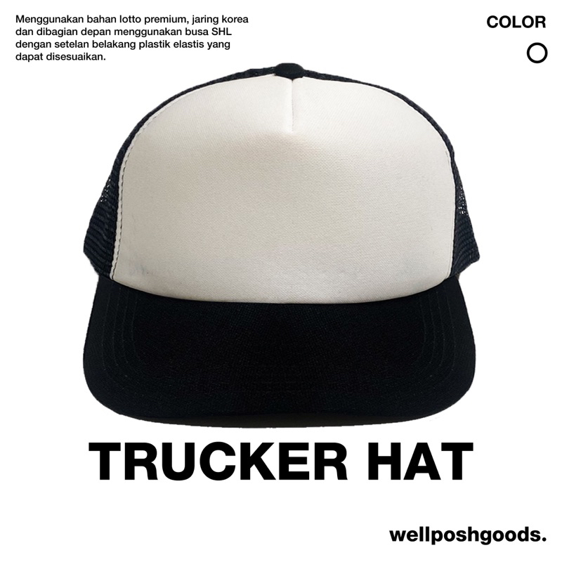 TOPI JARING HITAM PUTIH TRUCKER CAP BLACK WHITE - TOPI TRUCKER HAT POLOS WELLPOSHGOODS