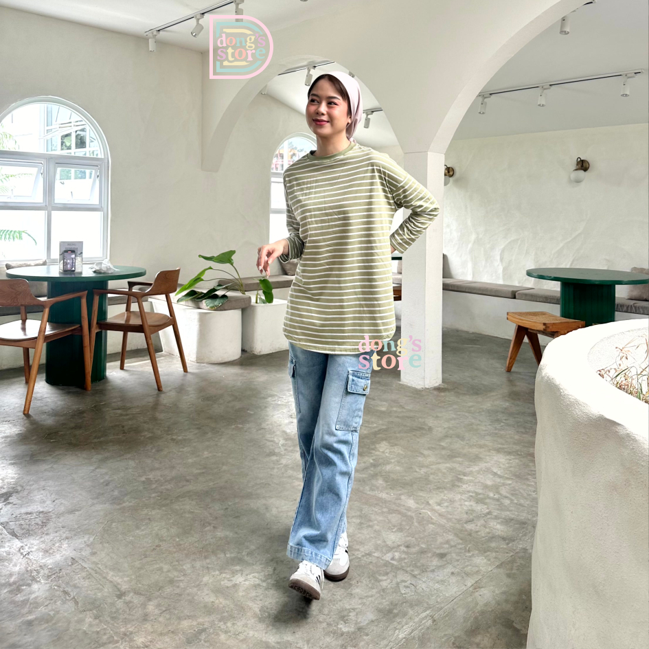 Tshirt Oversize Hijab Stripe Tops Wanita Lengan Panjang Baju Atasan Kaos Salur Oversized