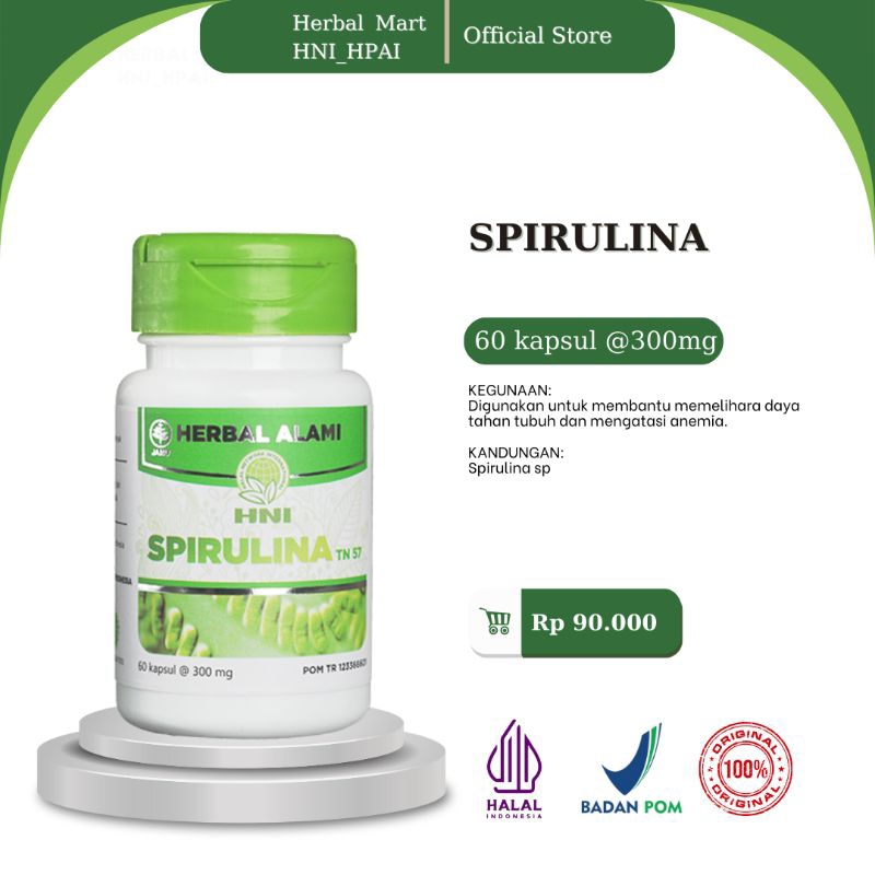 Herbal Mart _ HNI.HPAI (100% Produk Original) Spirulina HNI_HPAI obat herbal isi 60 kapsul untuk membantu memelihara daya tahan tubuh dan mengatasi anemia.