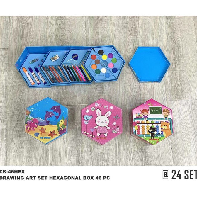 

Jual rawing Art set Hexagnal Bx isi 46 Ps rayn set Maam Warna JW