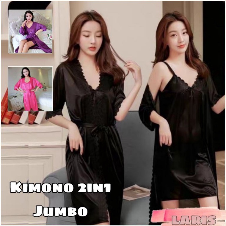 Top Product Laris  Kimono set TRICOT JUMBO wanita XXL  Set 2IN1 kimono lingerie import bahan satin