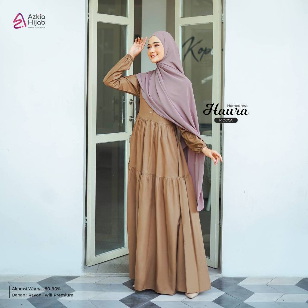 Gamis Lebaran Super Adem HAURA Degan BAhan Rayon Twill Premium Size Anak & Dewasa Ori By Azkia Hijab