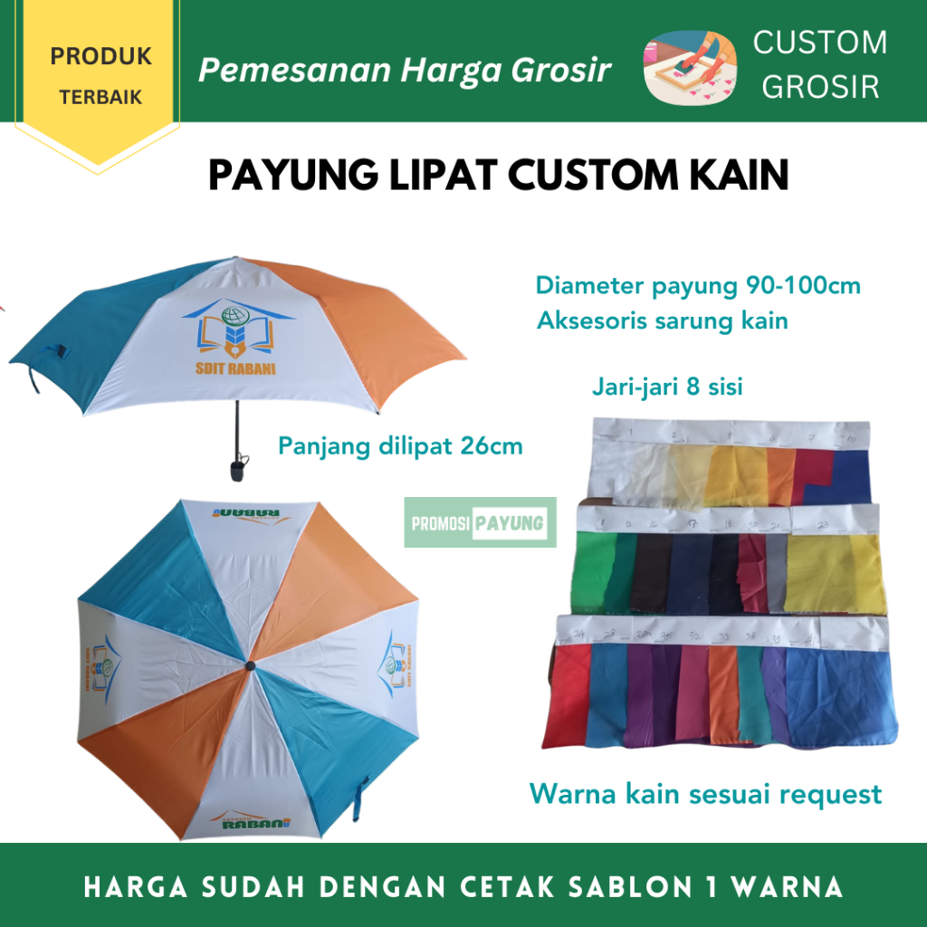 CUSTOM GROSIR payung LIPAT Custom KAIN Bebas pilih Warna + Sablon