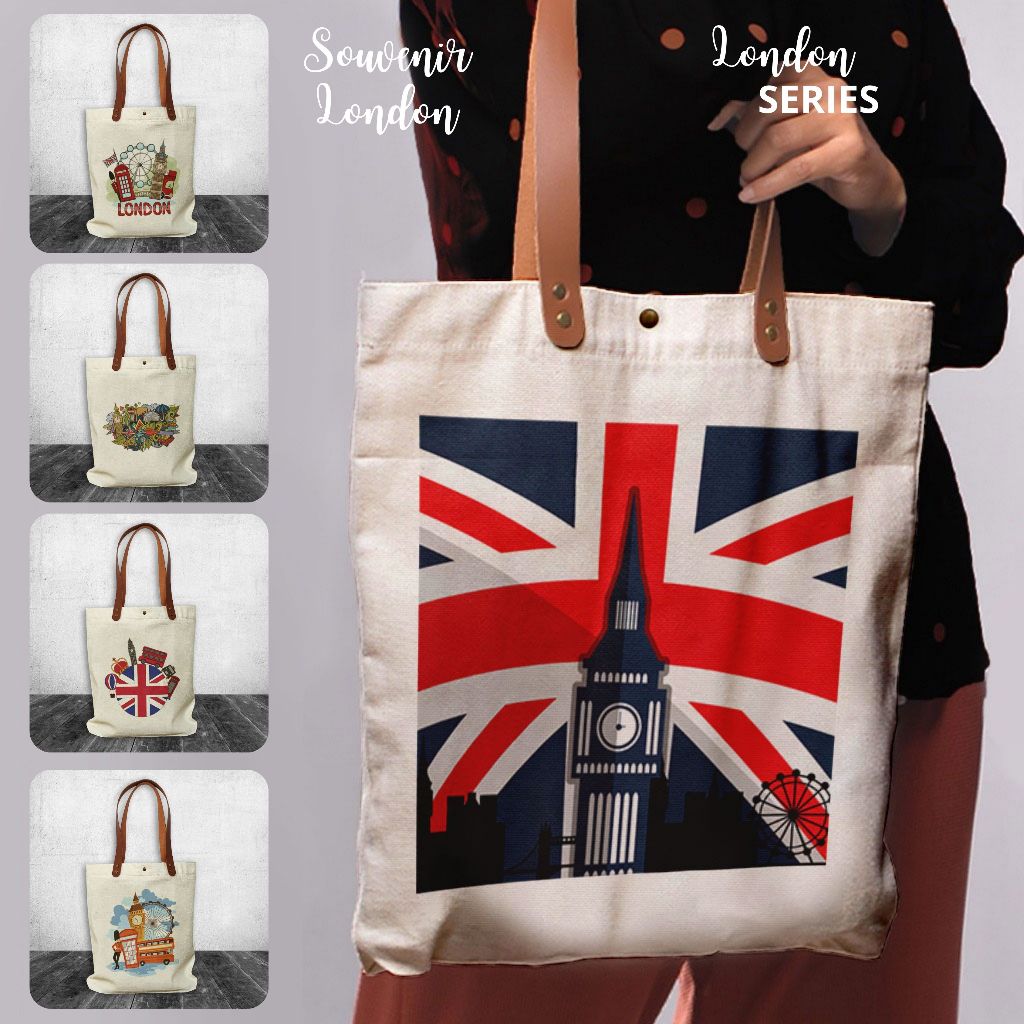 RiaShop - Tote bag Canvas Oleh oleh London | Tote bag Canvas Souvenir Big Ben | Tote bag Menara Lond