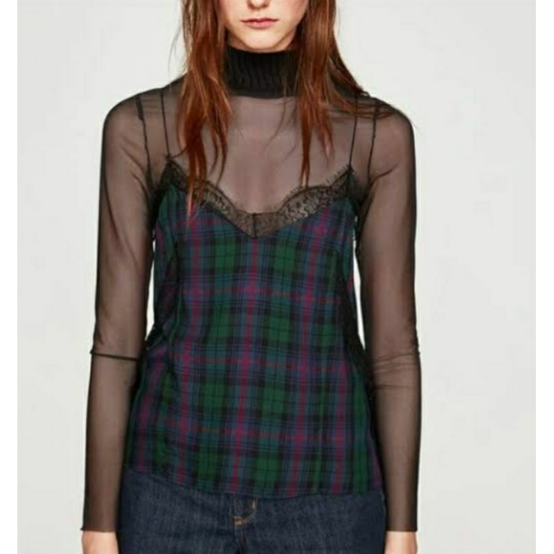 (NEW) ZARA TANKTOP CROP VEST CHECK PLAID LACE TRIM CAMISOLE KOREA ORIGINAL