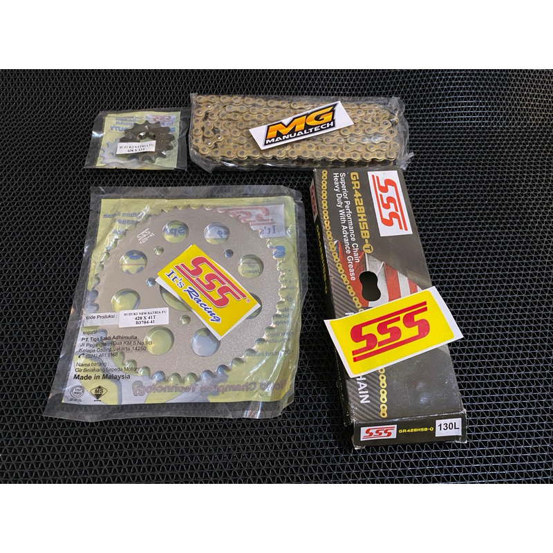 Gear Set SSS Satria Fu 150 Old New Facelift injeksi 428 Silver & Rantai SSS 428 130L Hsbt Gold