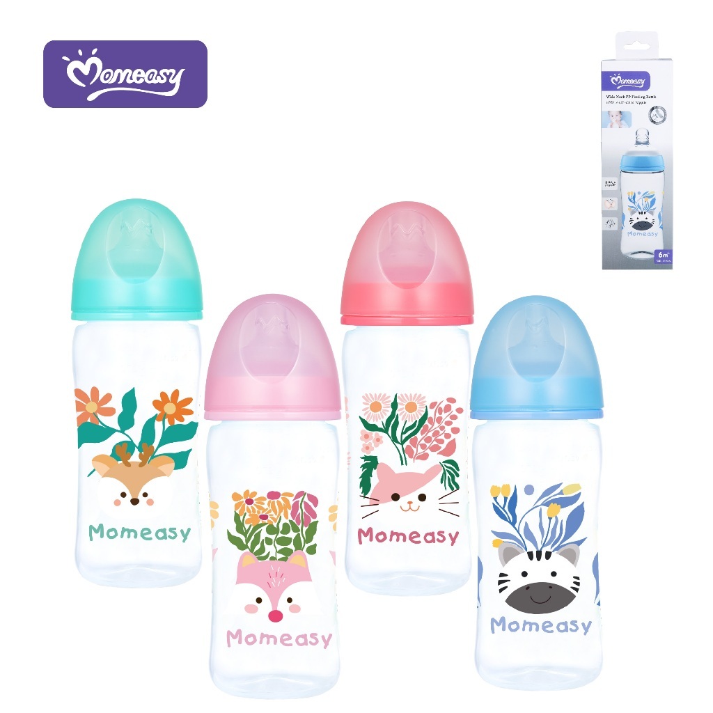 Botol Susu WideNeck Natural Nipple Gepeng MomEasy 300ml 44778 / Dot Bayi Wide Neck Gepeng BPA Free