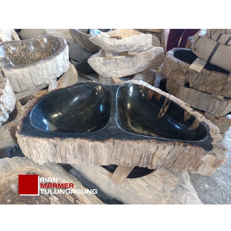 Wastafel / Sink Tempat Cuci Tangan Bahan batu Fosil Kayu 2 Kolam Big Black