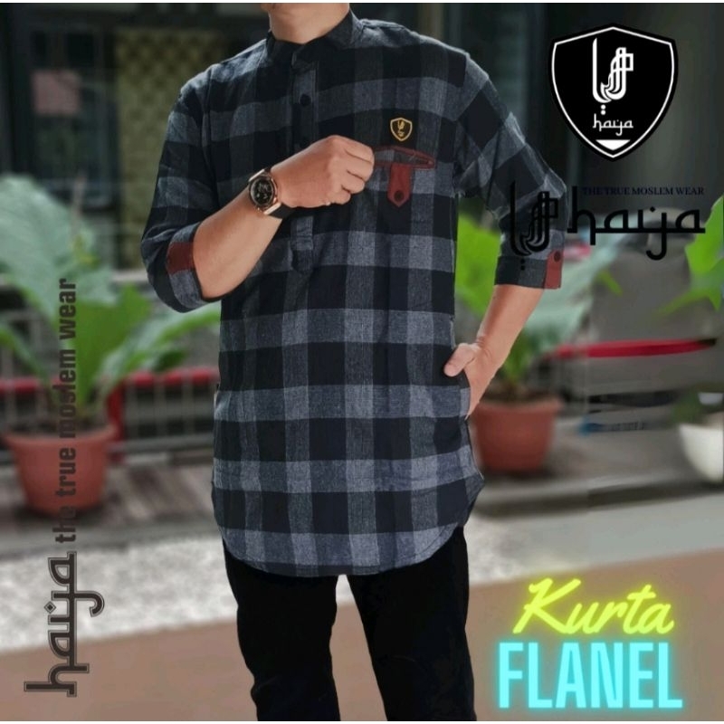 Baju Koko Kurta Flanel Haya Busana Muslim Pria Remaja Dewasa Motif Kotak Kotak Lengan Pendek 3/4 Qur