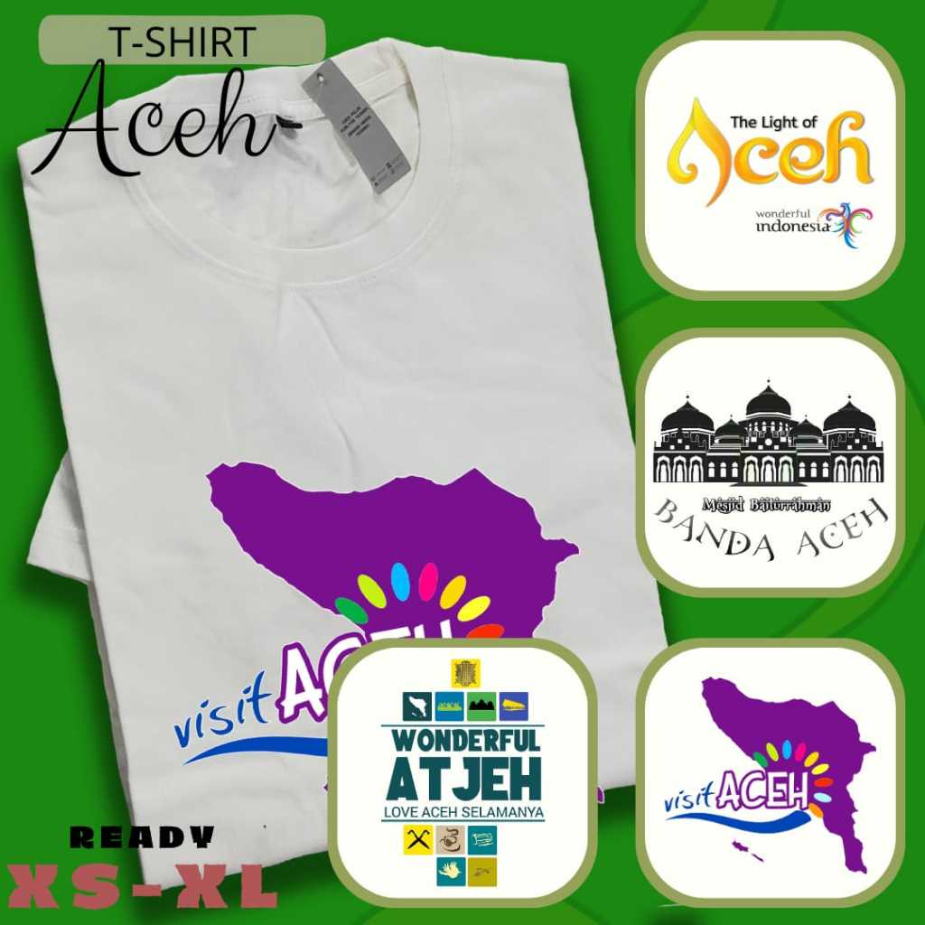 Kaos Oleh-oleh Aceh Series 1 Destinasi Wisata Populer Indonesia - Kaos Cowo Cewe Bahan Tebal Combed 