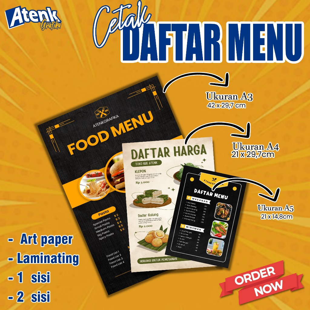 

Cetak Daftar Menu Board / Papan Menu / Menu Resto A3 A4 A5 (Paket Hemat)