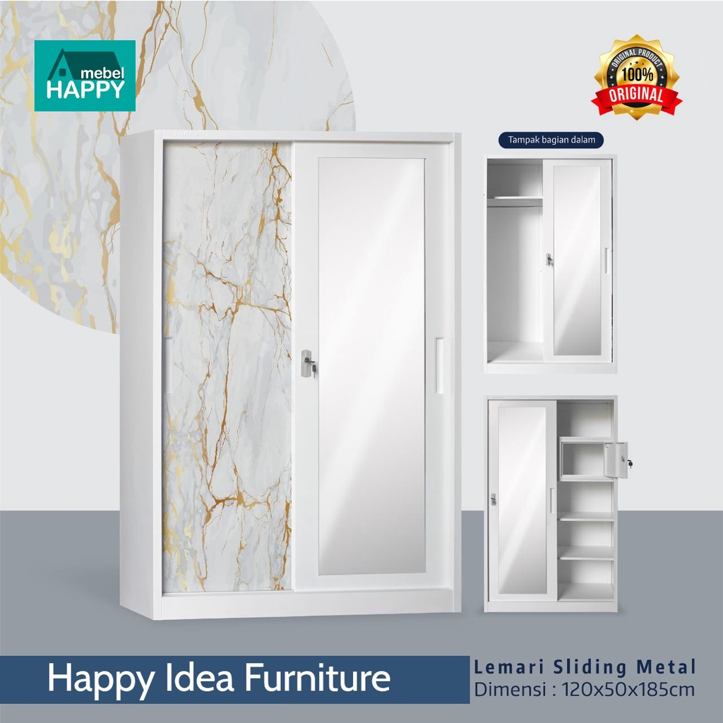 HAPPY IDEA -  Lemari Pakaian Besi Pintu Geser Ukuran 120 Cm Marble Gold Lemari Baju Sliding Besi Teb