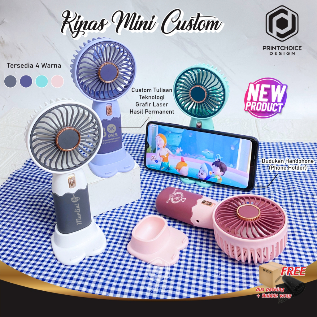 Kipas Mini Custom Portable Phone Holder Mini Fan Custom Nama Logo Perusahaan