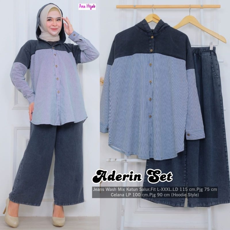 Aderina One Set Setelan Celana Kulot Blouse Jeans Mix Katun Salur Garis Ld 115 Jumbo Fit XXL By Ana