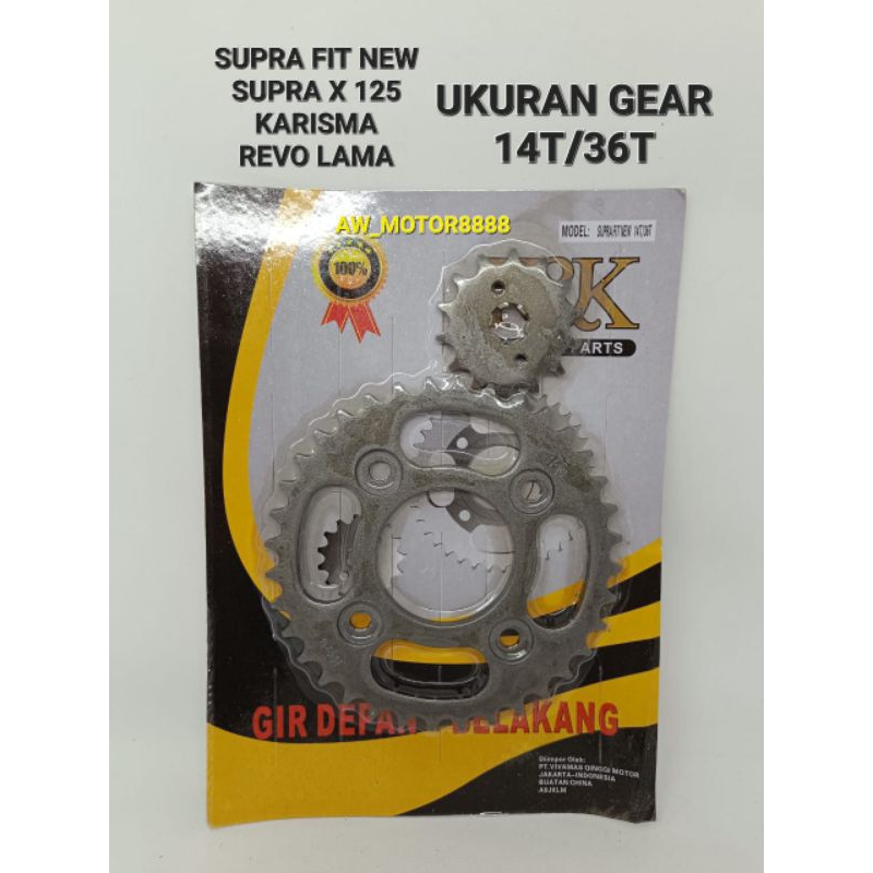 GEAR SET PRESS SUPRA FIT NEW / KARISMA / SUPRA X 125 / REVO LAMA GEAR DEPAN BELAKANG SET UKURAN GEAR