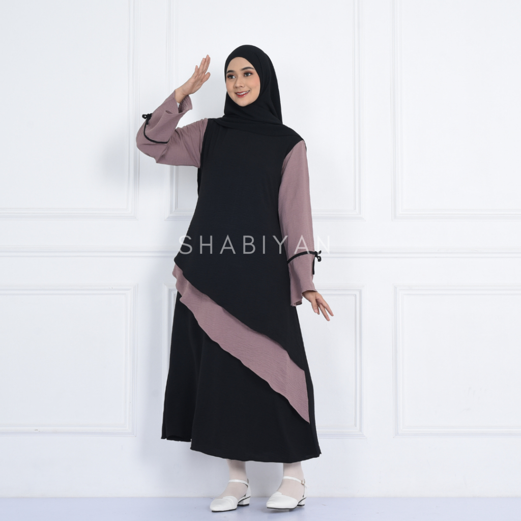 SHABIYAN Gamis Muslim Wanita Polos Kombinasi Crinkle CEY | Viola 534-Black