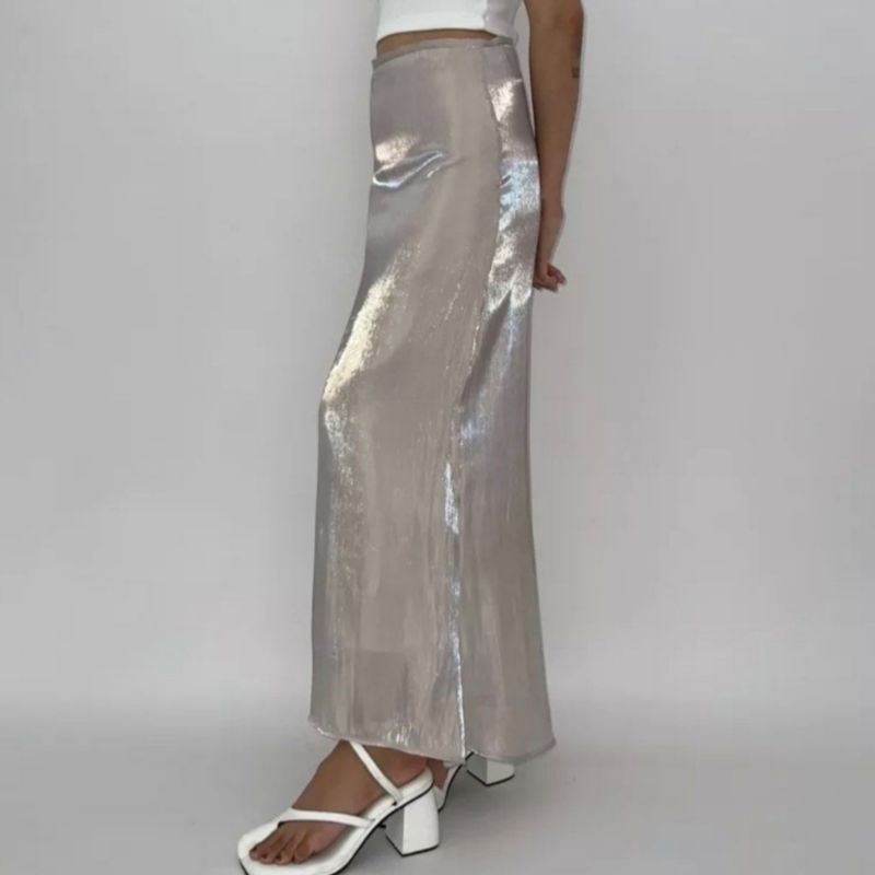 Rok Panjang Long Skirt Shimmer Shiny Silver