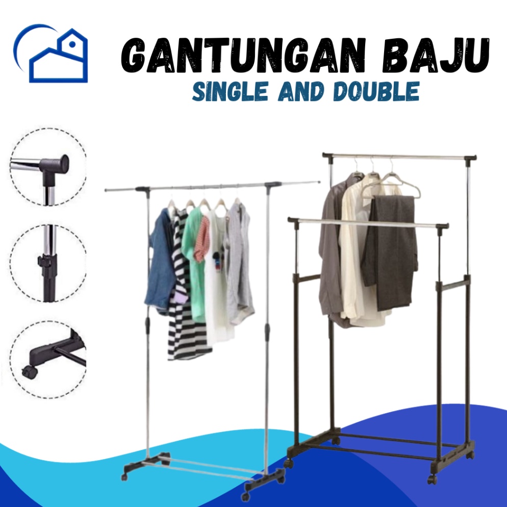 Best Seller DOUBLE Rod Rack dan SINGLE Rod Rack Rak Baju Serbaguna Gantungan Laundry Stand Hanger 4 