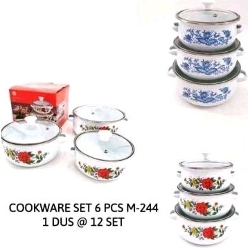 Cookware set - Panci Set Enamel Kembang Susun 6pcs / Panci Susun 3 Enamel Tutup Kaca / Panci Reona