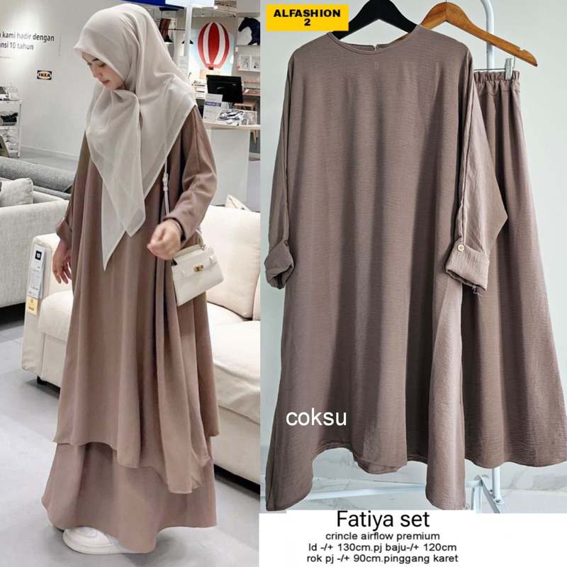 FATIYA SET SETELAN TUNIK DAN ROK POLOS MALAY BAHAN CRINKLE CRINCLE AIRFLOW MOTIF POLOS JUMBO LD 130 