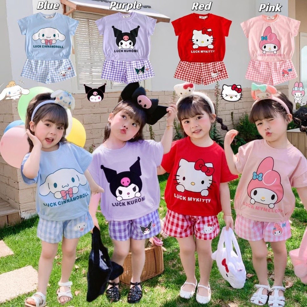 (2-8 Thn) Setelan Sanrio Anak Perempuan Baju Set Anak Cewek Balita TK SD Bahan Katun Adem Halus Berk