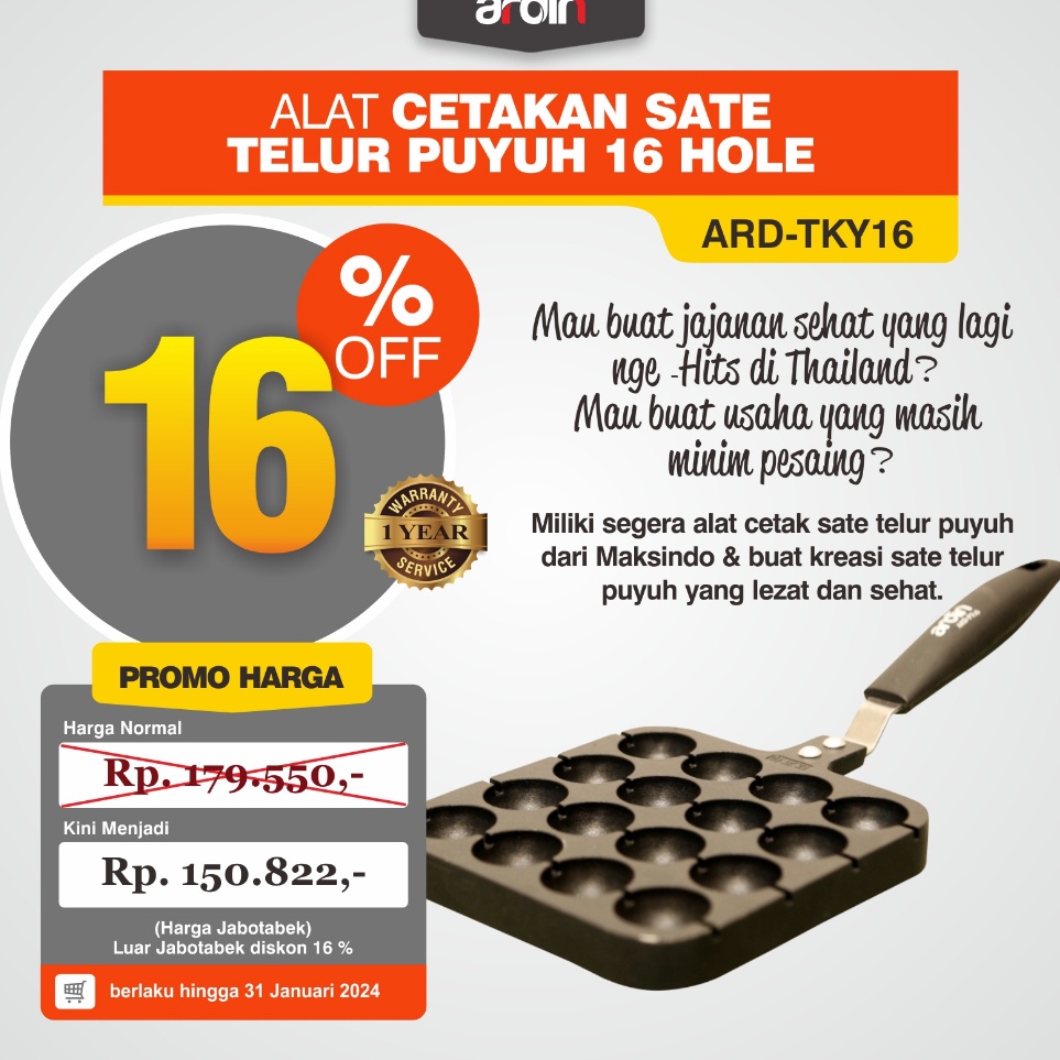 SYO Alat Cetakan Sate Telur Puyuh 16 Hole Ardin ARDTKY16  Y