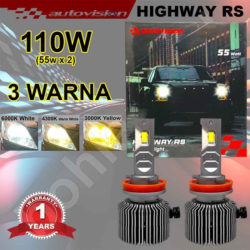 LED Mobil H11 H4 3Warna Autovision Highway RS 55Watt 6000K 4300K 3000K