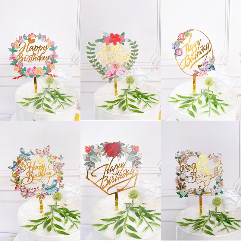 CAKE TOPPER AKRILIK HAPPY BIRTHDAY HIASAN KUE BUNGA KUPUKUPU DEKORASI KUE FLOWER ULANGTAHUN ACRYLIC