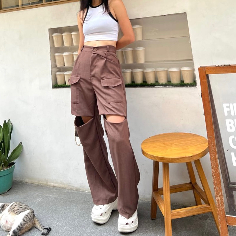 FAYE PANTS - Celana Cargo Highwaist Zipper Wideleg Wanita