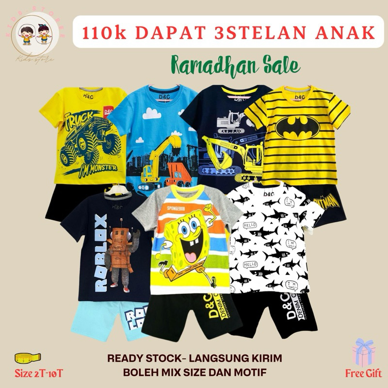 Paket hemat baju setelan anak stelan atasan pendek celana pendek anak-anak cowok laki laki motif sup