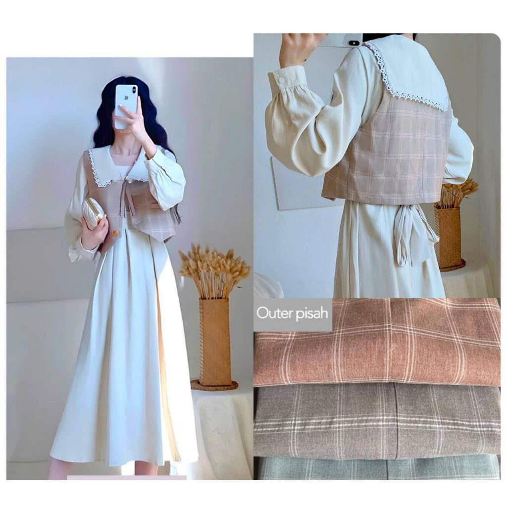 DRESS SLIKY CREAMY POLOS MIX VEST KOTAK YUKENGSI TWIN BUTTON VARIASI ACC POCKET KERAH RENDA PREMIUM 