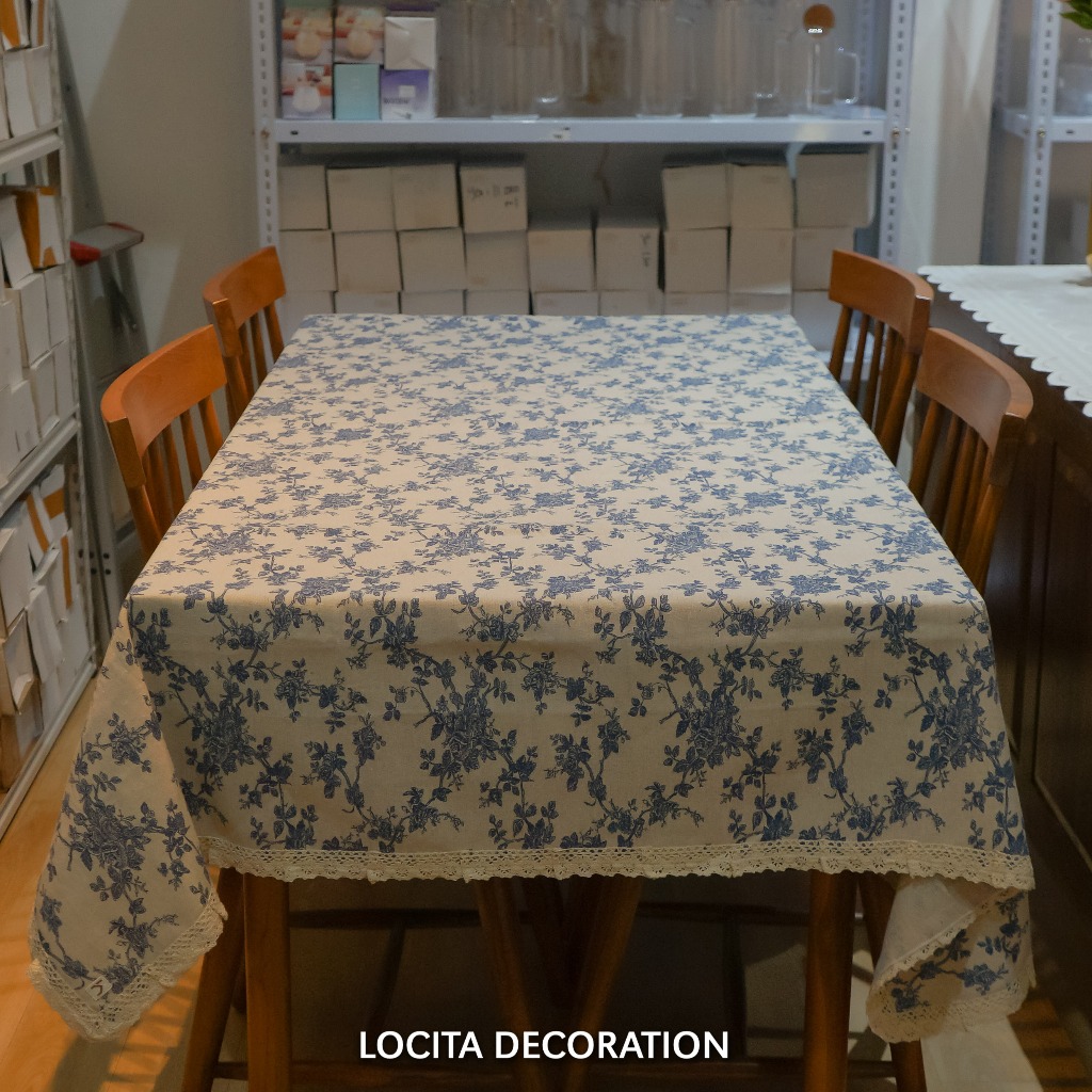 Blue Flower Table Runner/Taplak Meja Kain Kanvas Vintage Bunga Biru/Taplak Renda Cantik