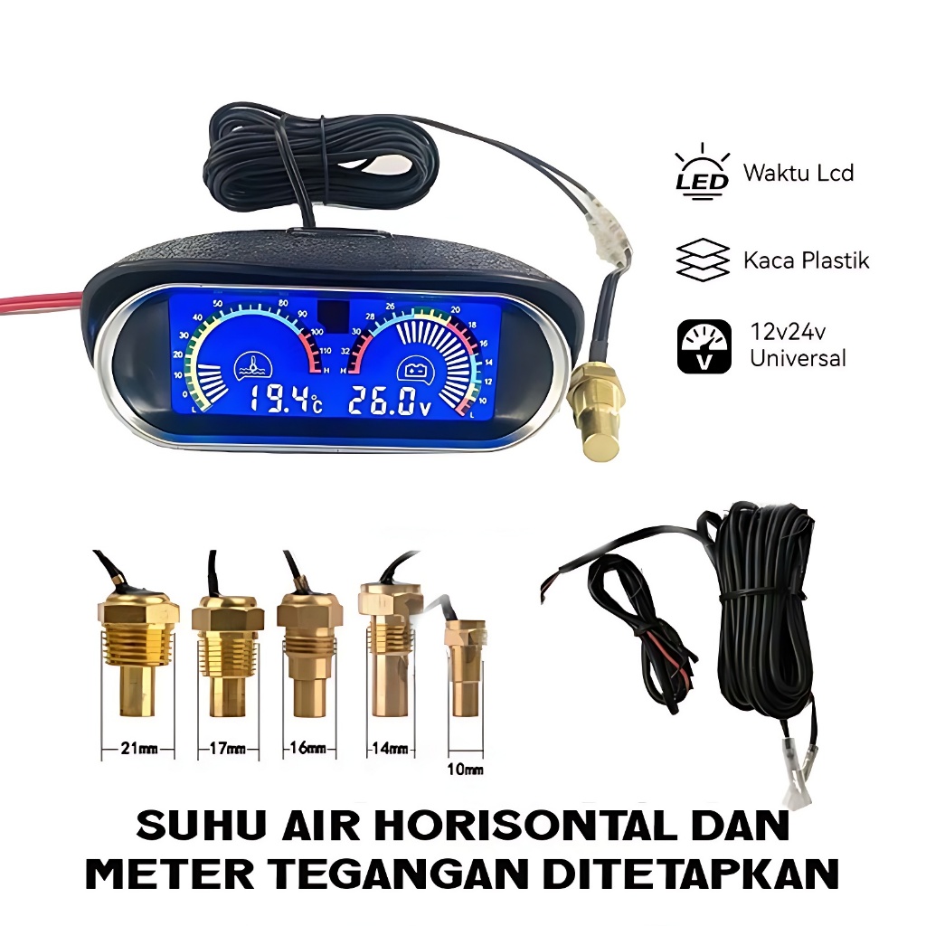 Gauge Digital Motor Horizontal Mobil LCD Water Temperature 12V/24V Voltmeter Universal 2 in 1