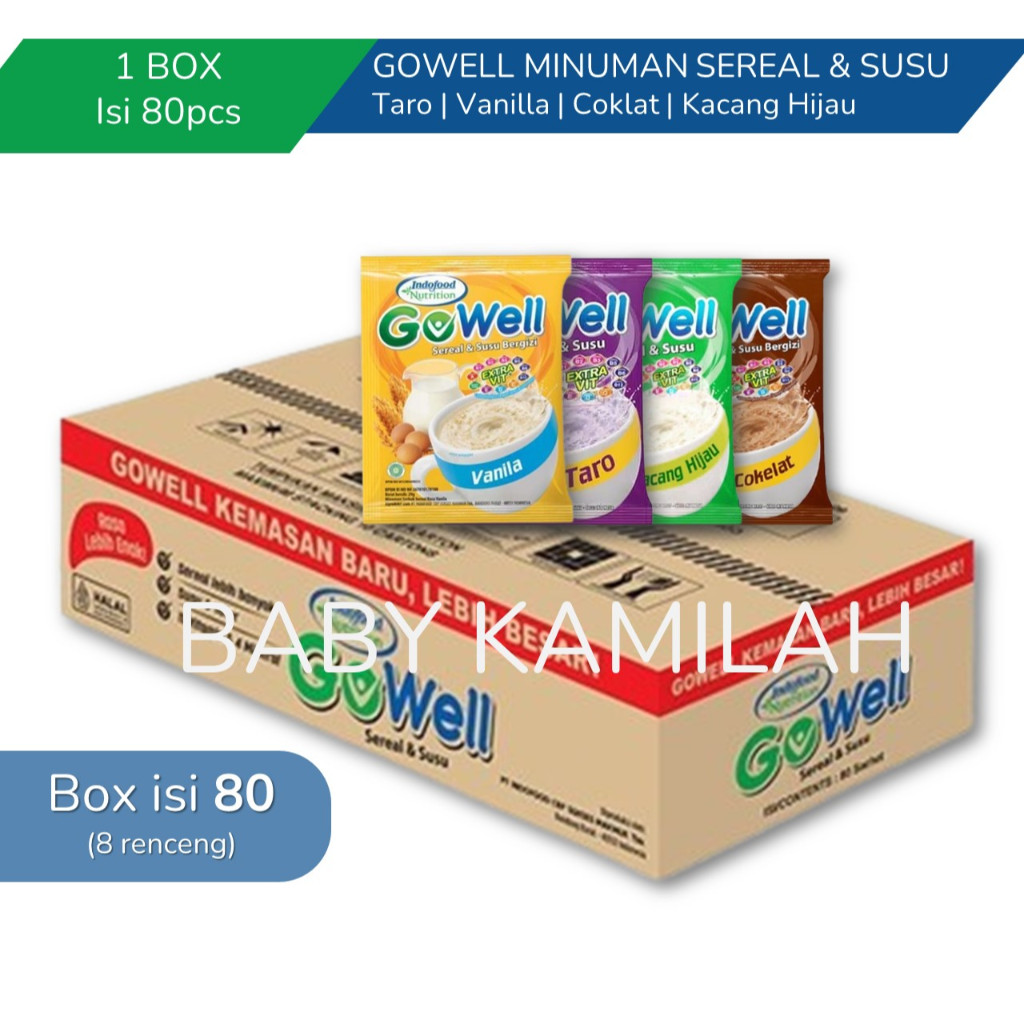 

GOWELL Serean Susu sarapan Sehat dengan Rasa TARO VANILA COKLAT dan KACANG HIJAU renceng Box isi 80pcs