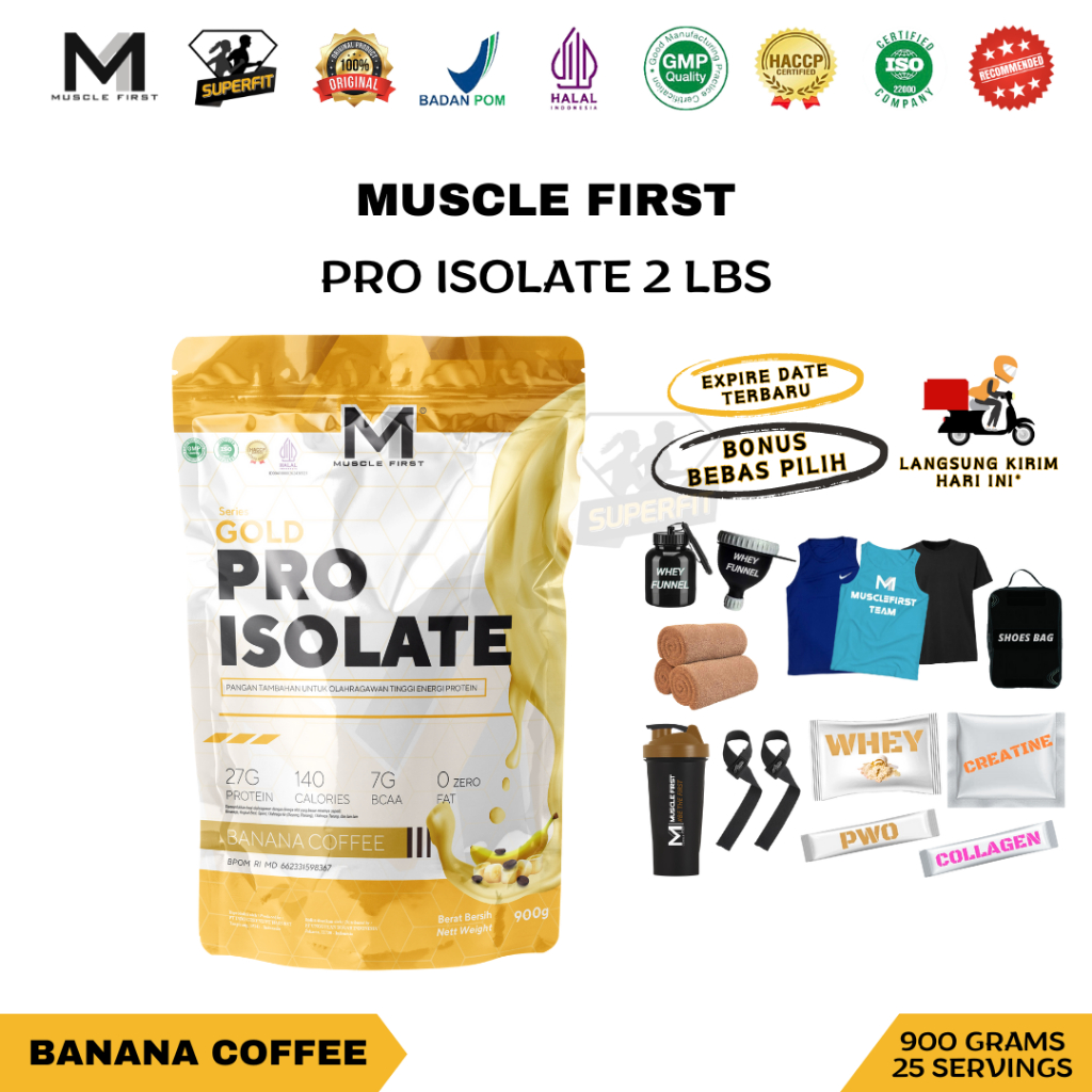 M1 Muscle First Pro Isolate Gold Whey Isolated Protein 2 LBS 900 Grams -M1 Banana Coffee HALAL & BPO
